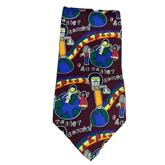 Character Counts Other - Vintage 90s Character Counts Fairness Silk Tie Maroon Red 3.75 Rainbow Necktie